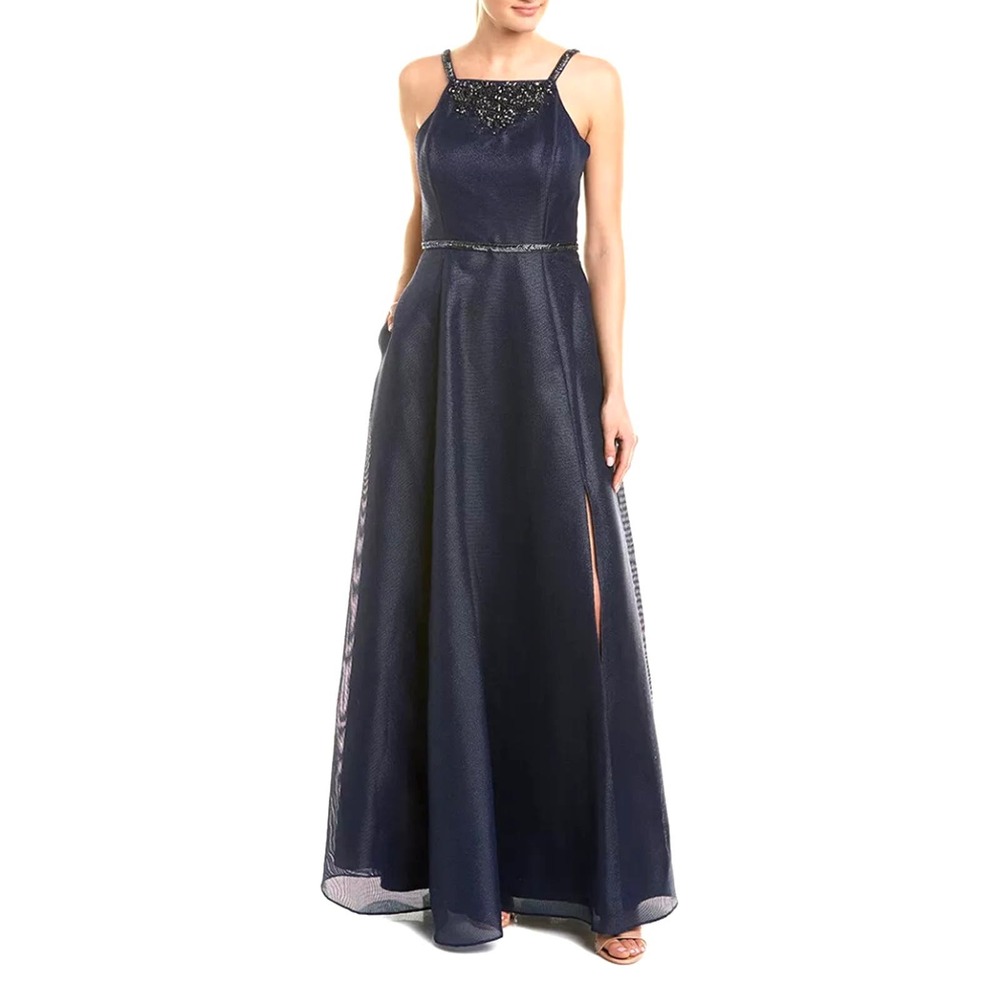Aidan Mattox Shimmer Beaded Twilight Blue Evening Gown MOB Prom Formal Dress